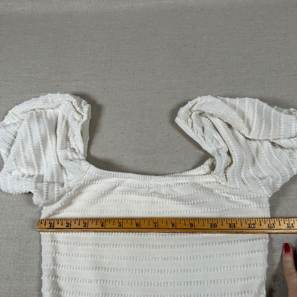 White Form Fitting Bodycon Textured Puff Sleeve Square Neck Midi Dress Side Slit - Picture 4 of 8